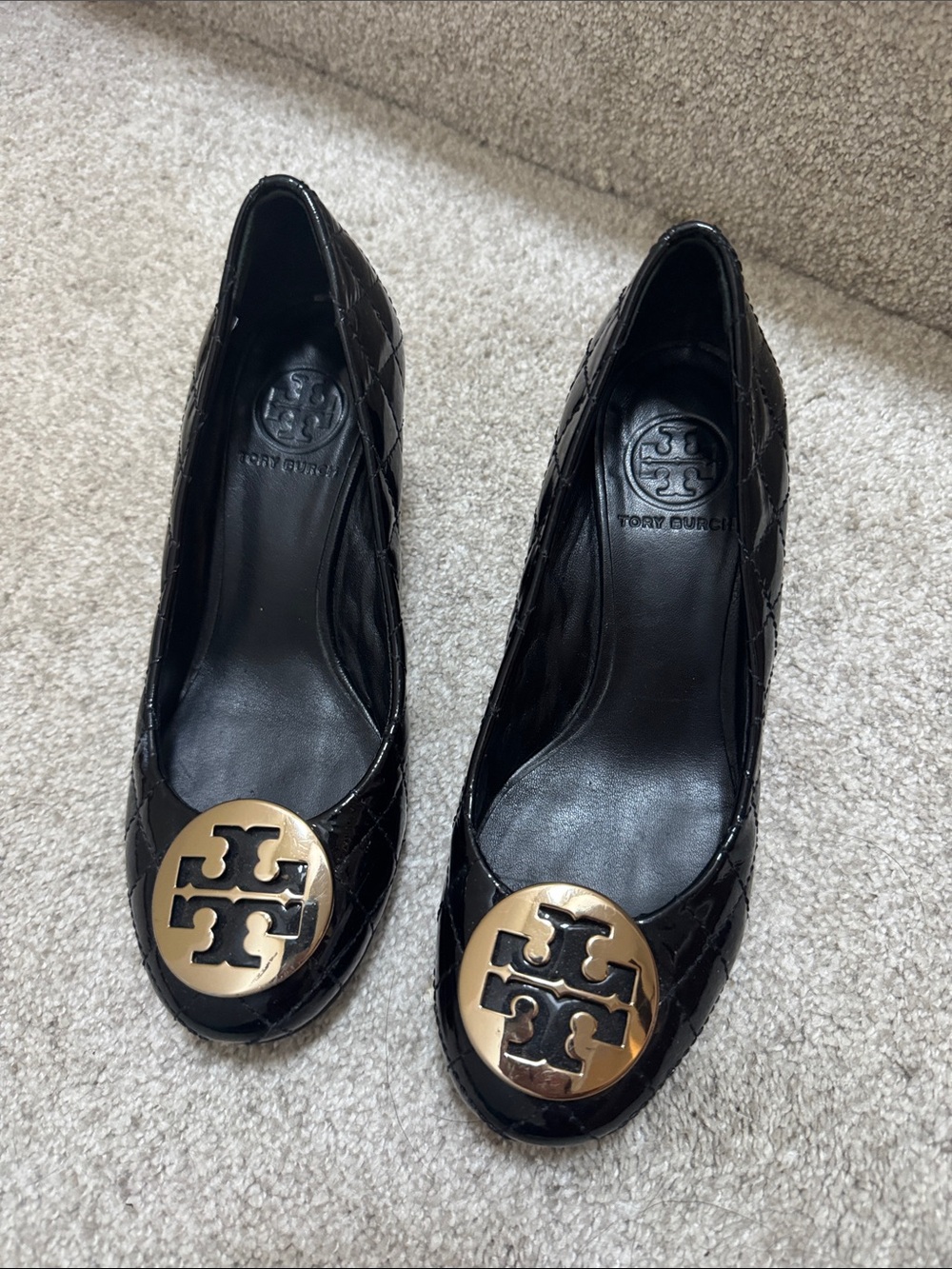 Tory Burch Black Quilted Leather Heels with Gold Logo Medallions